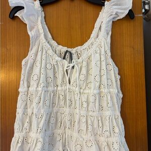 Anthropologie Women’s Cream Eyelet Ruffle Tie-Front Tank Top
